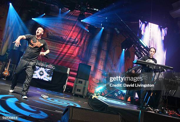 Recording artists Amit "Duvdev" Duvdevani and Erez Eisen of Infected Mushroom perform on stage at the Hollywood Palladium on February 21, 2010 in...