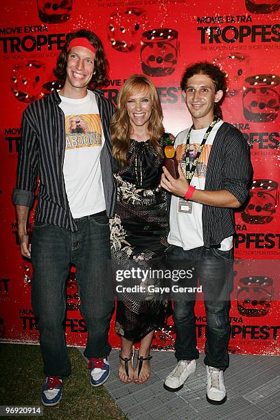 2nd Prize Winners Cameron Edser and Michael Richards for "My Neighbourhood Has Been Overrun By Baboons" pose with actress Toni Collette during the...