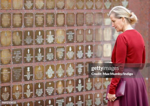 Sophie, Countess of Wessex views the Basra Memorial Wall after attending a service of dedication for a new memorial to commemorate the service of...