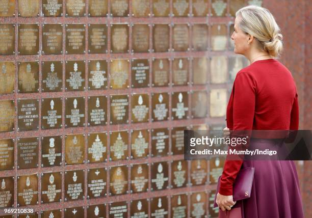 Sophie, Countess of Wessex views the Basra Memorial Wall after attending a service of dedication for a new memorial to commemorate the service of...