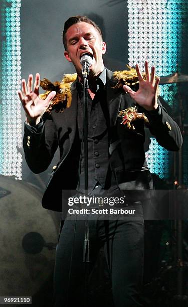 Brandon Flowers of The Killers performs on stage at the Melbourne leg of the Good Vibrations music festival at Flemington Racecourse on February 21,...