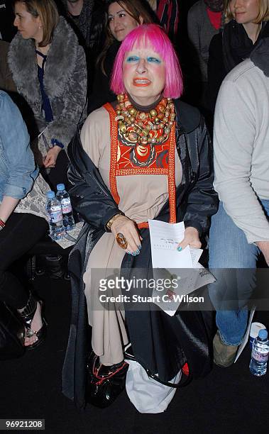 Designer Zandra Rhodes attends the Betty Jackson catwalk show during London Fashion Week on February 21, 2010 in London, England.