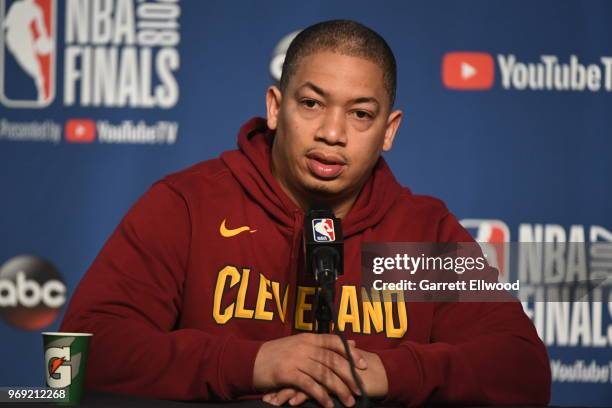 Tyronn Lue, head coach of the Cleveland Cavaliers addresses the media during practice and media availability as part of the 2018 NBA Finals on June...