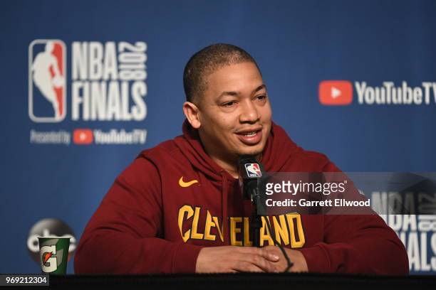 Tyronn Lue, head coach of the Cleveland Cavaliers addresses the media during practice and media availability as part of the 2018 NBA Finals on June...