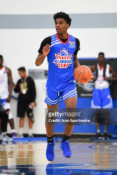 Josh Christopher from Mayfair High School dribbles up the court during the Pangos All-American Camp on June 1, 2018 at Cerritos College in Norwalk,...