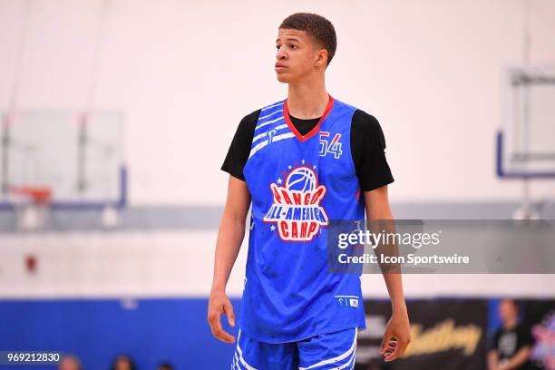 Samuel Williamson from	Rockwall High School looks on during the Pangos All-American Camp on June 1, 2018 at Cerritos College in Norwalk, CA.