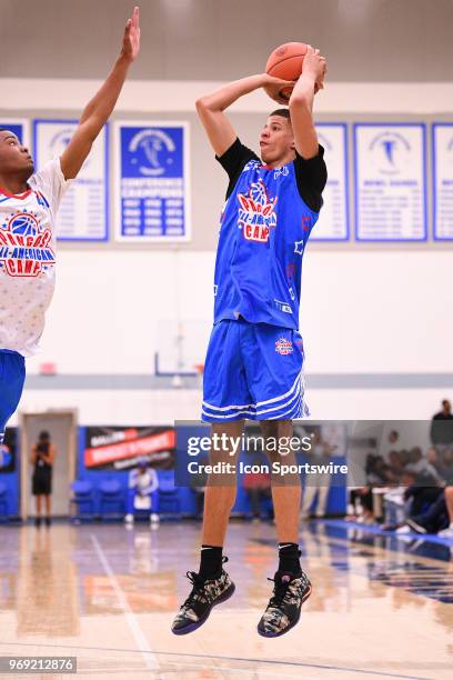 Samuel Williamson from	Rockwall High School shoots a jump shot during the Pangos All-American Camp on June 1, 2018 at Cerritos College in Norwalk, CA.