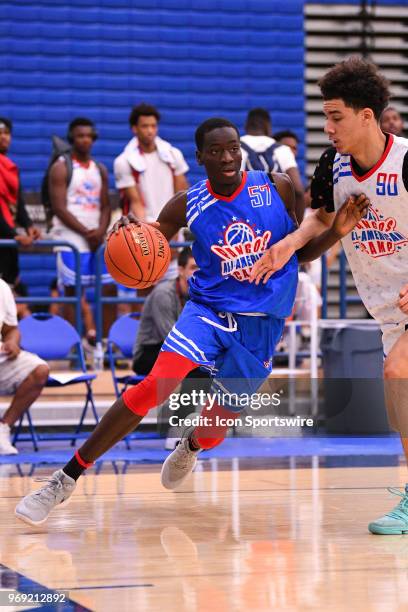 Fousseyni Drama from Out Savior New American High School drives to the basket during the Pangos All-American Camp on June 2, 2018 at Cerritos College...