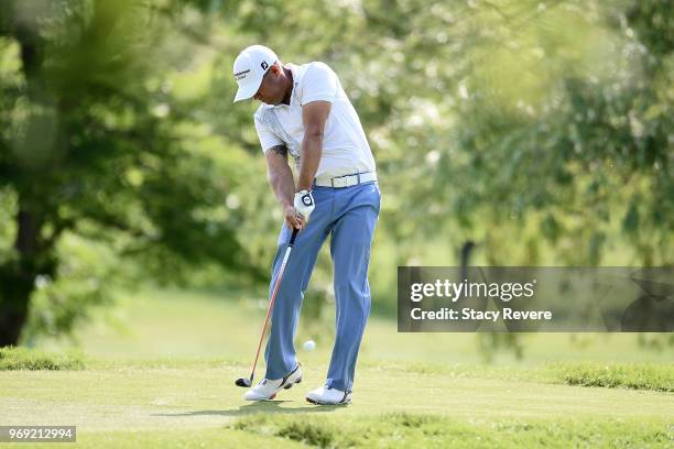 Erik Compton hits his tee shot on the third hole during the first round of the Rust-Oleum Championship at the Ivanhoe Club on June 7, 2018 in...