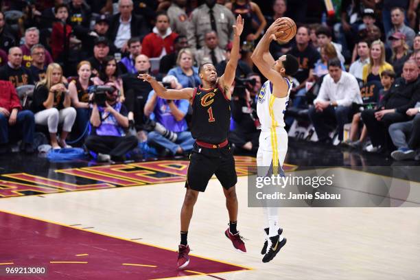 Shaun Livingston of the Golden State Warriors shoots against Rodney Hood of the Cleveland Cavaliers during Game Three of the 2018 NBA Finals at...