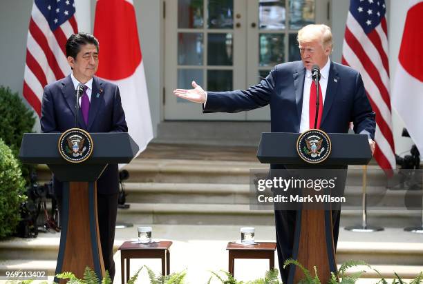 President Donald Trump and Japanese Prime Minister Shinzo Abe speak to the media during a news conference in the Rose Garden at the White House, on...