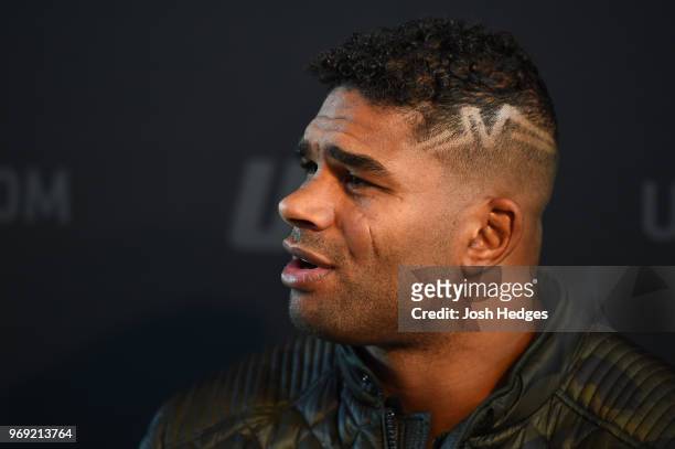 Alistair Overeem of The Netherlands interacts with media during the UFC 225 Ultimate Media Day at the United Center on June 7, 2018 in Chicago,...