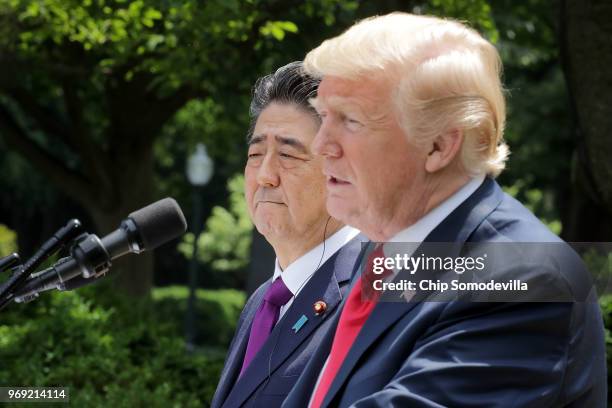 President Donald Trump and Japanese Prime Minister Shinzo Abe hold a joint news conference in the Rose Garden at the White House June 7, 2018 in...