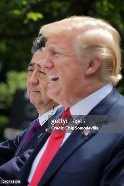 President Donald Trump and Japanese Prime Minister Shinzo Abe hold a joint news conference in the Rose Garden at the White House June 7, 2018 in...