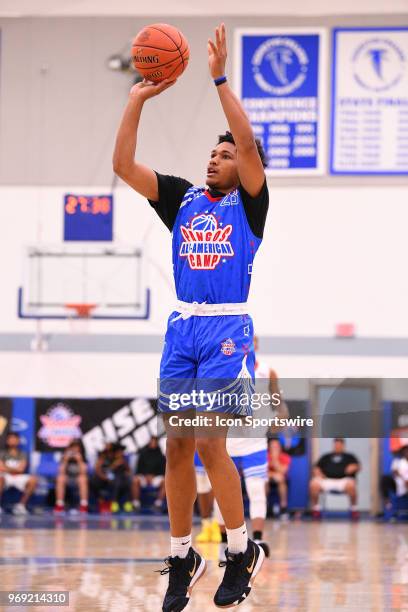 Daishen Nix from Trinity High School shoots a jump shot during the Pangos All-American Camp on June 3, 2018 at Cerritos College in Norwalk, CA.