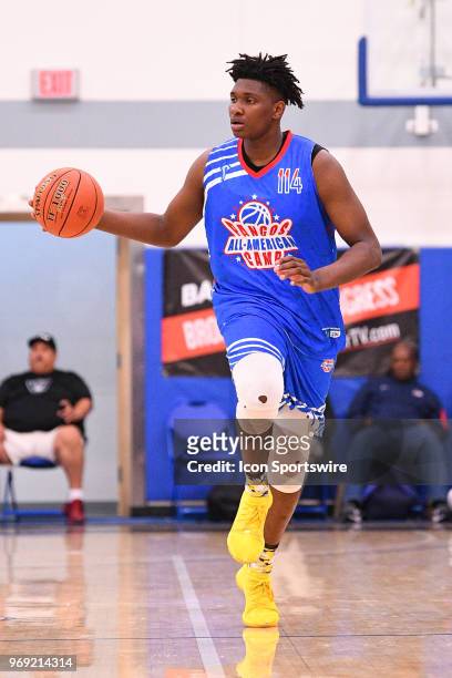 Dain Dainja from Parker Center High School brings the ball up the court during the Pangos All-American Camp on June 3, 2018 at Cerritos College in...
