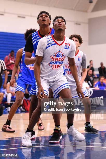 Tyrek Smith from Trinity Christian High School boxes out for a rebound during the Pangos All-American Camp on June 3, 2018 at Cerritos College in...