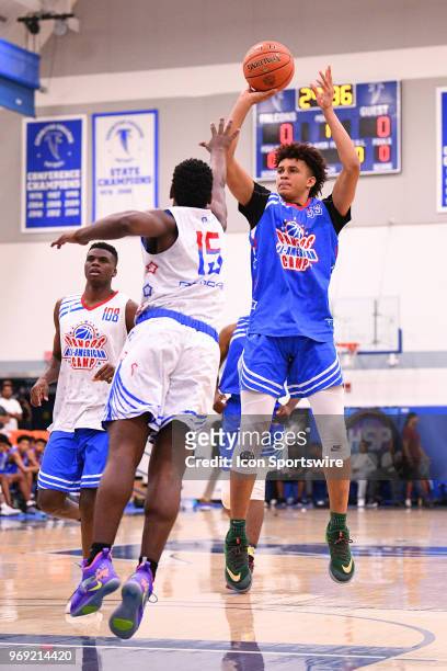 Jalen Hill from Clark High School shoots a shot over a defender during the Pangos All-American Camp on June 3, 2018 at Cerritos College in Norwalk,...