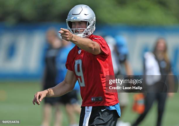 Matthew Stafford of the Detroit Lions gives directions during the afternoon mini camp session at the Detroit Lions Training Facility on June 7, 2018...