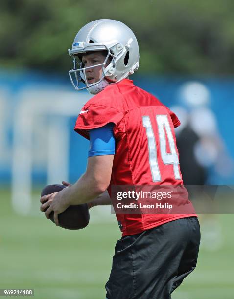 Jake Rudock of the Detroit Lions drops back to pass during the afternoon mini camp session at the Detroit Lions Training Facility on June 7, 2018 in...