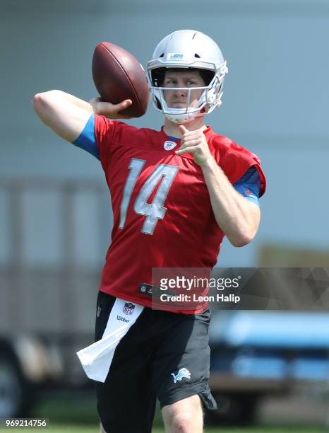 Jake Rudock of the Detroit Lions drops back to pass during the afternoon mini camp session at the Detroit Lions Training Facility on June 7, 2018 in...