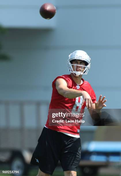 Matt Cassel of the Detroit Lions drops back to pass during the afternoon mini camp session at the Detroit Lions Training Facility on June 7, 2018 in...