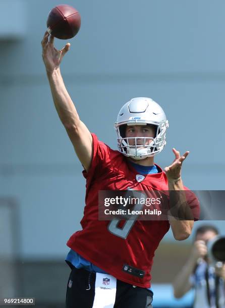 Matthew Stafford of the Detroit Lions gives directions during the afternoon mini camp session at the Detroit Lions Training Facility on June 7, 2018...