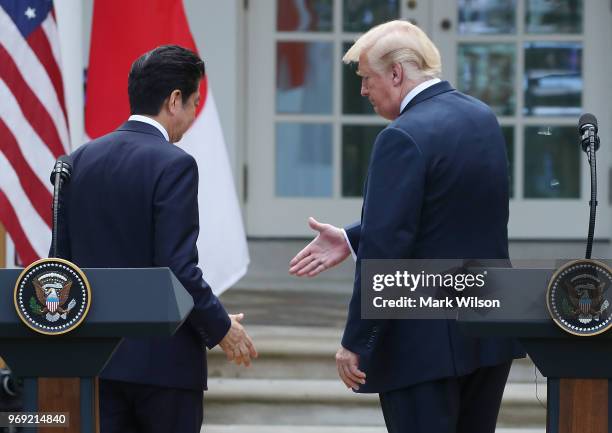 President Donald Trump and Japanese Prime Minister Shinzo Abe shake hands after a news conference in the Rose Garden at the White House, on June 7,...