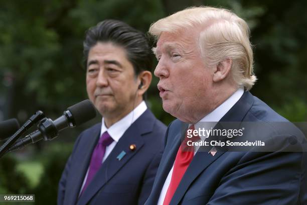 President Donald Trump and Japanese Prime Minister Shinzo Abe hold a joint news conference in the Rose Garden at the White House June 7, 2018 in...