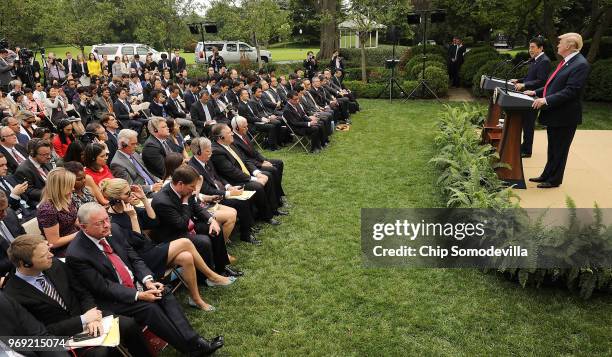 President Donald Trump and Japanese Prime Minister Shinzo Abe hold a joint news conference in the Rose Garden at the White House June 7, 2018 in...