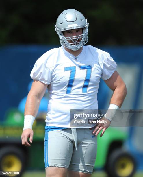 Frank Ragnow of the Detroit Lions looks to the sidelines during the afternoon mini camp session at the Detroit Lions Training Facility on June 7,...