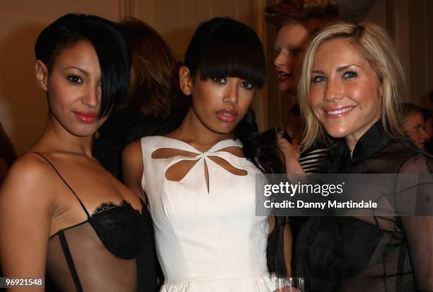 Amelle Berrabah, Jade Ewen and Heidi Range of the girl band Sugababes attend London Fashion Week Autumn/Winter 2010 on February 21, 2010 in London,...