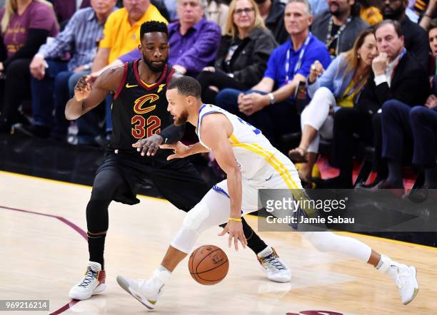 Stephen Curry of the Golden State Warriors drives against Jeff Green of the Cleveland Cavaliers during Game Three of the 2018 NBA Finals at Quicken...