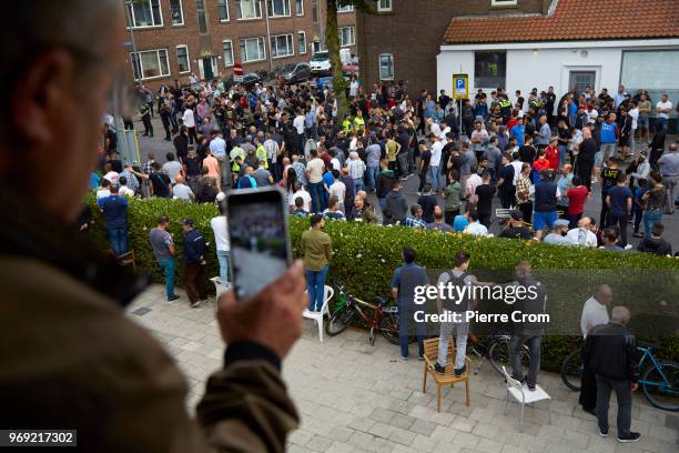 Group of muslim men wait for anti-islam group Pegida on June 7, 2018 in Rotterdam, Netherlands.The anti-islam group Pegida cancelled an event to...