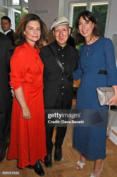 Dame Natalie Massenet, Stephen Jones and Samantha Cameron attend the Moet Summer House VIP launch night on June 7, 2018 in London, England.
