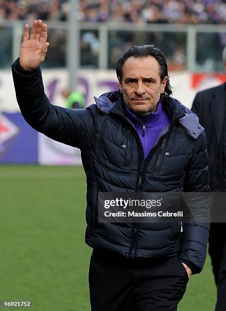 Head coach Cesare Prandelli of ACF Fiorentina acknowledges supporters during the Serie A match between ACF Fiorentina and AS Livorno Calcio at Stadio...