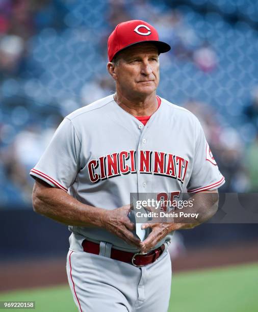 Jim Riggleman of the Cincinnati Reds comes onto the field before a baseball game against the San Diego Padres at PETCO Park on June 1, 2018 in San...