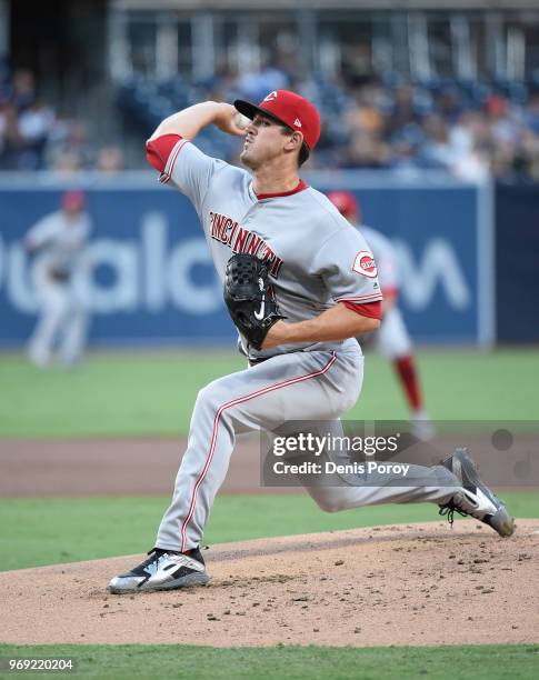 Tyler Mahle of the Cincinnati Reds pitches during the first inning of a baseball game against the San Diego Padres at PETCO Park on June 1, 2018 in...