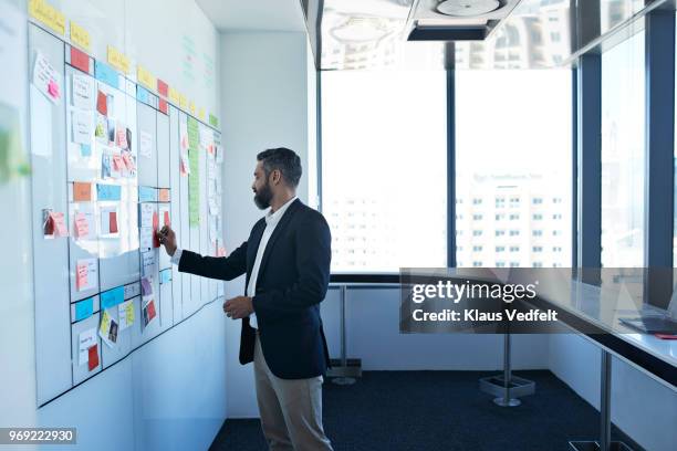 businessman sticking note on whiteboard in office - pricing strategy stock pictures, royalty-free photos & images