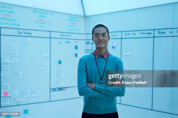 portrait of young entrepreneur in front of creative whiteboard - corporate business card stock pictures, royalty-free photos & images