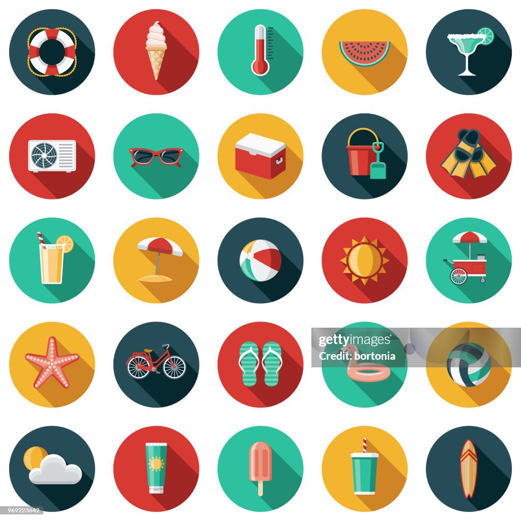 Summer Flat Design Icon Set with Side Shadow