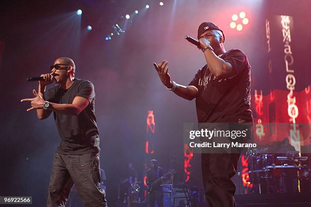 Jay Z and Memphis Bling perform on opening night of Jay Z US tour at Bank Atlantic Center on February 20, 2010 in Sunrise, Florida.