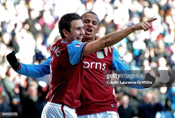 Stewart Downing of Aston Villa celebrates his goal with Gabriel Agbonlahor during the Barclays Premier League match between Aston Villa and Burnley...