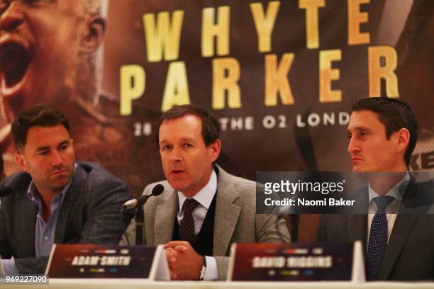 Adam Smith of Sky Sports speaks to the media during the Dillian Whyte and Joseph Parker Press Conference at The Dorchester Hotel on June 7, 2018 in...
