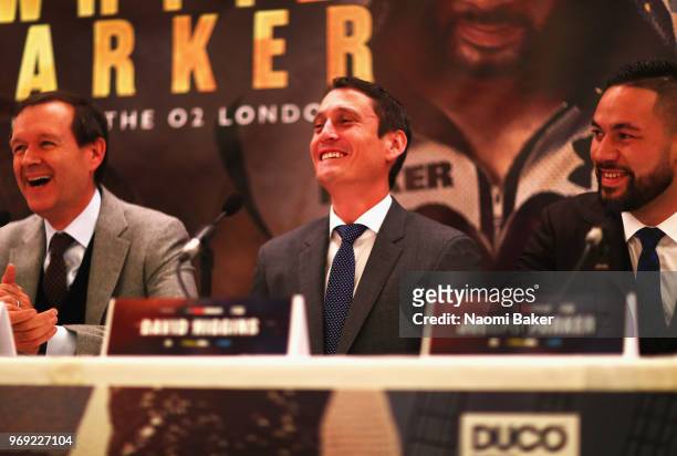 Adam Smith, David Higgins and Joseph Parker speak to the media during the Dillian Whyte and Joseph Parker Press Conference at The Dorchester Hotel on...
