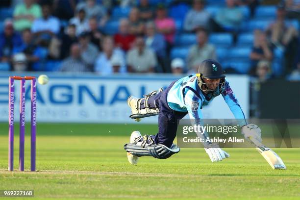 Jonathan Tattersall of Yorkshire Vikings dives in to make his ground during the Royal London One-Day Cup match between Yorkshire Vikings and...