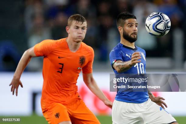 Matthijs de Ligt of Holland, Lorenzo Insigne of Italy during the International Friendly match between Italy v Holland at the Allianz Stadium on June...