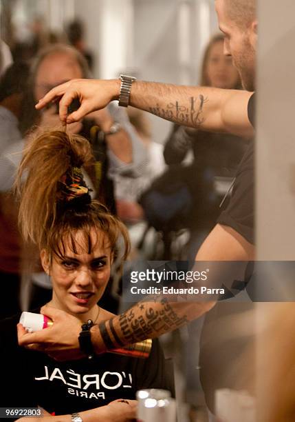 Models pause backstage before the Kina Fernandez fashion show at IFEMA on February 21, 2010 in Madrid, Spain.