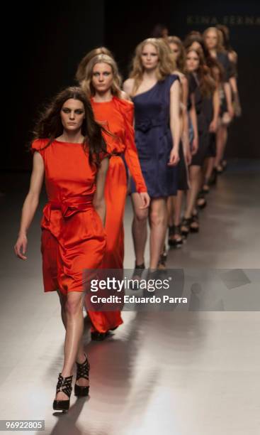Models walk the runway at Kina Fernandez show during Cibeles Fashion Week at Ifema on February 21, 2010 in Madrid, Spain.