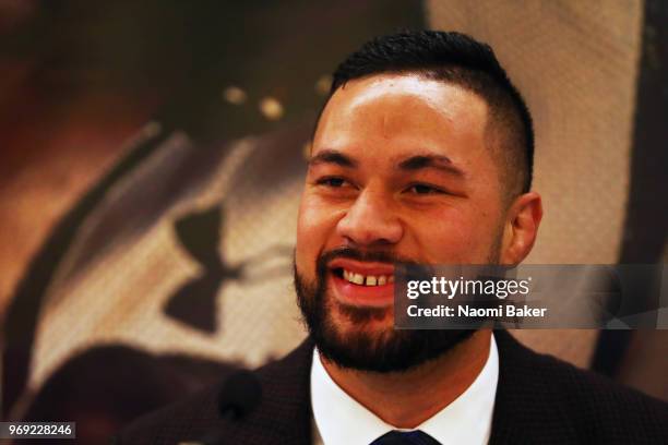 Joseph Parker speaks to the media during the Dillian Whyte and Joseph Parker Press Conference at The Dorchester Hotel on June 7, 2018 in London,...